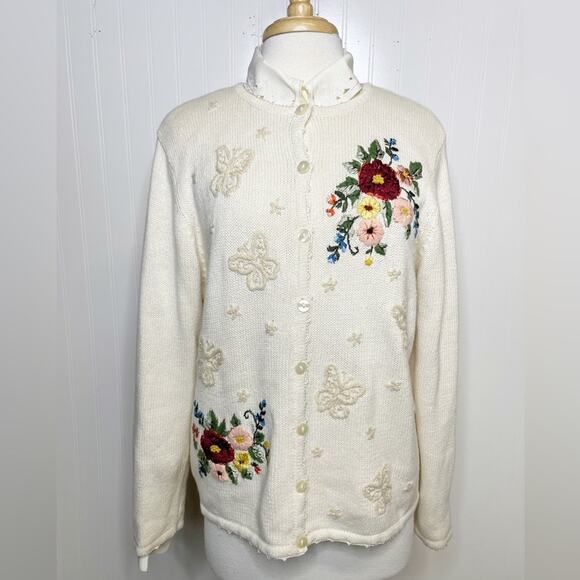 Vintage 80s/90s Haband! Floral Butterfly Cream/Ivory Cardigan Sweater Medium - Picture 1 of 5